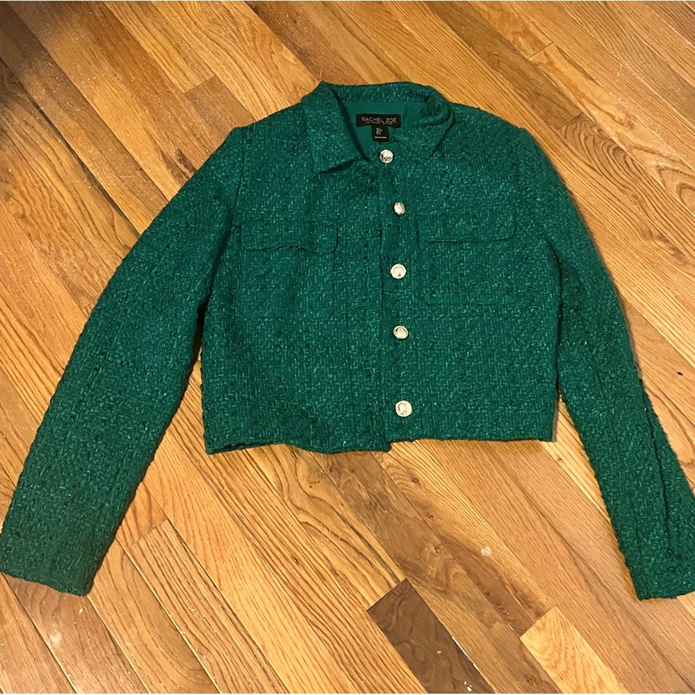 Green tweed collared blazer with hardware buttons